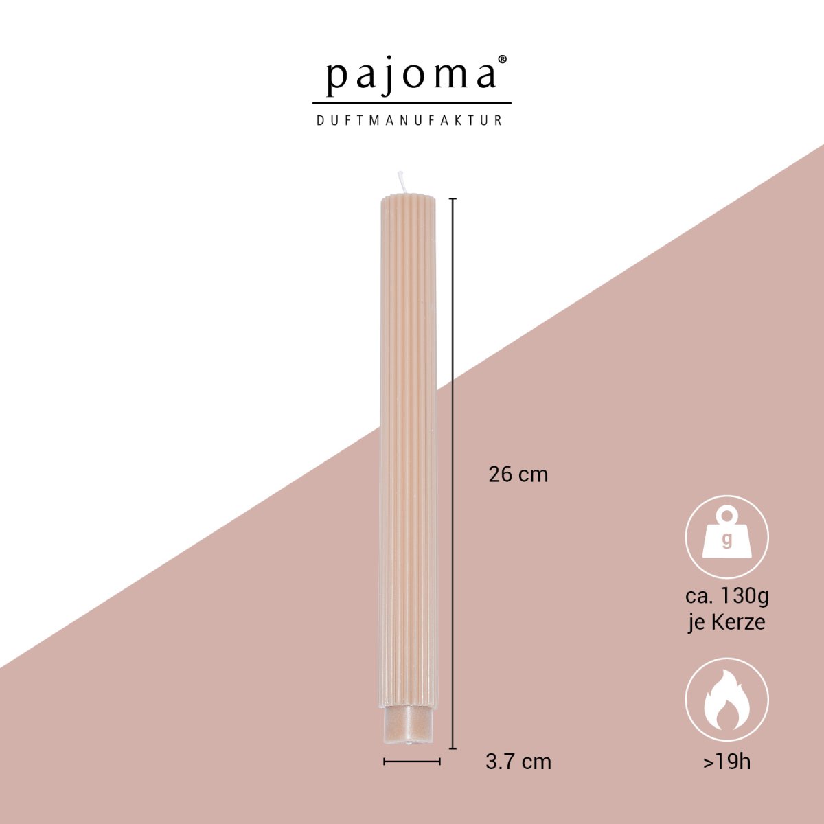 Geriffelte Stabkerzen – 4 Stück – Nude | Höhe 26 cm ø 2,7 cm | Brenndauer 19 Stunden | 20 % Soy wax + 80 % Paraffin | einfarbige Kerzen | Premium Qualität | pajoma – Bild 3