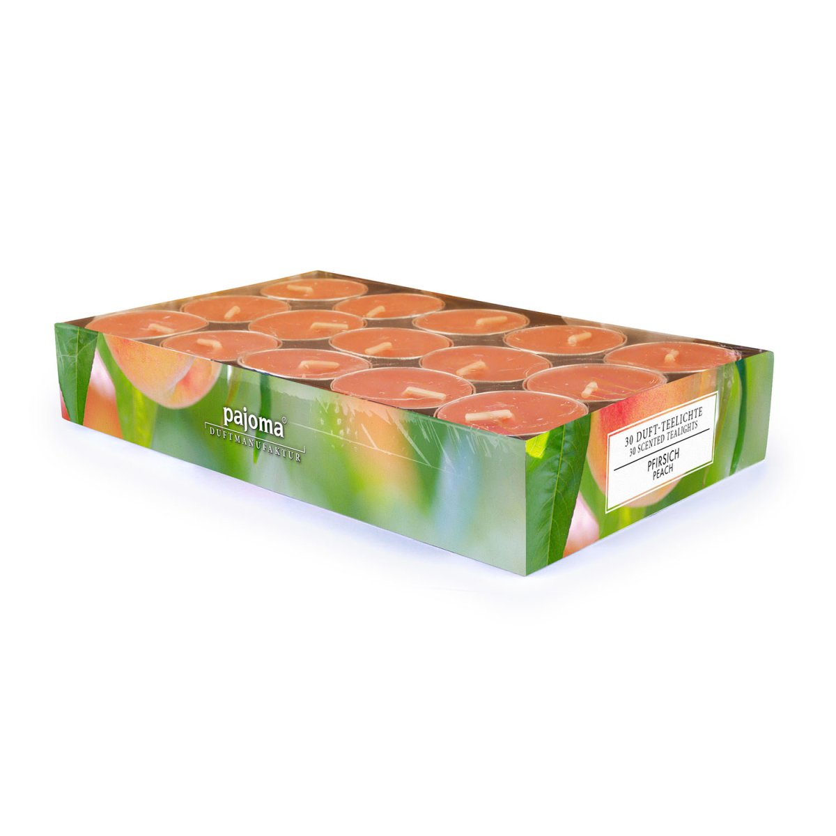 pajoma® Teelichte 30 Stück, Pfirsich | Duft-Teelichte in Aluminiumhülle, Brenndauer ca. 4 Stunden – Höhe 1,5 cm ø 3,5 cm | Premium Qualität | Deko, Gastronomie, Outdoor, Party, Windgläser, Hochzeit – Bild 2