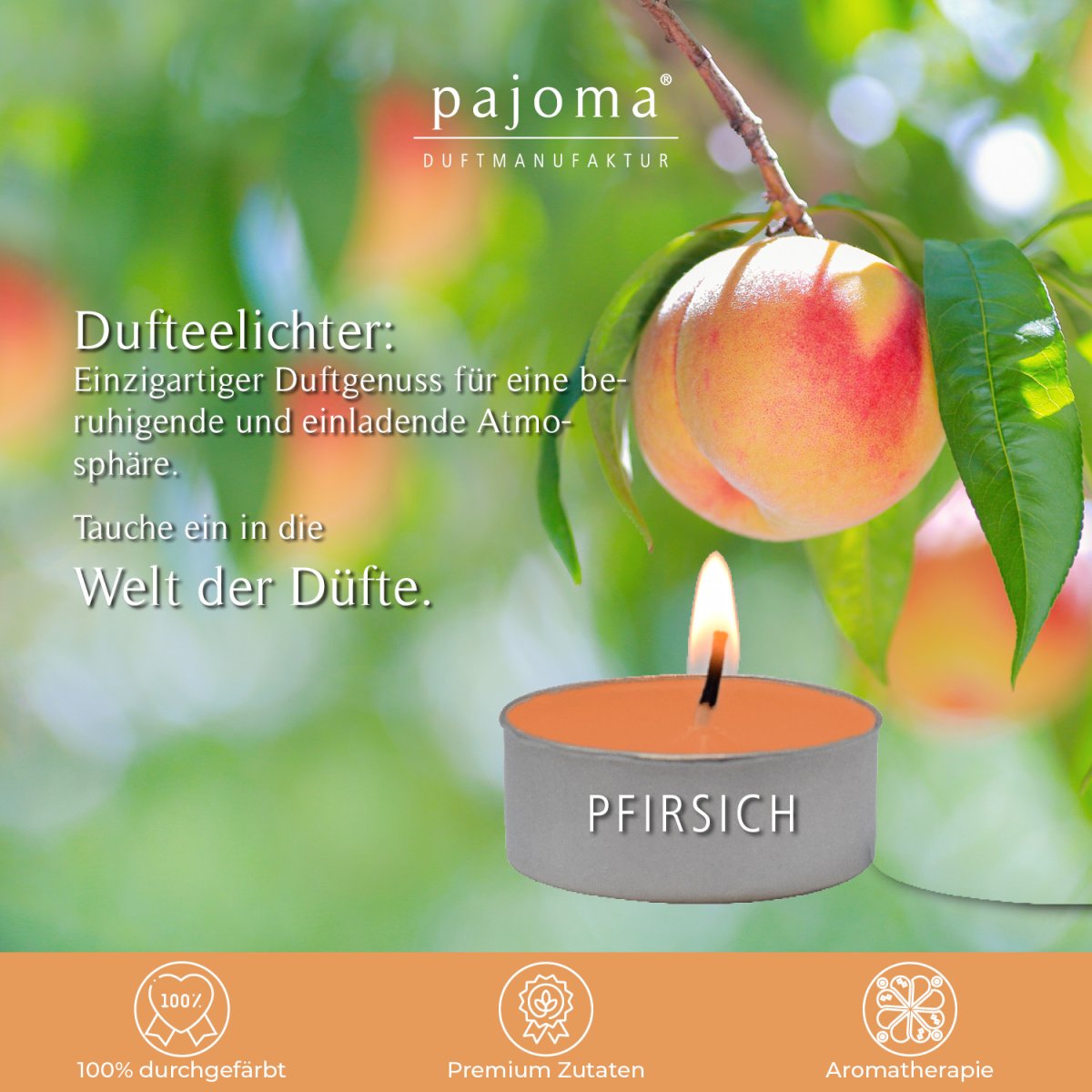 pajoma® Teelichte 30 Stück, Pfirsich | Duft-Teelichte in Aluminiumhülle, Brenndauer ca. 4 Stunden – Höhe 1,5 cm ø 3,5 cm | Premium Qualität | Deko, Gastronomie, Outdoor, Party, Windgläser, Hochzeit – Bild 3
