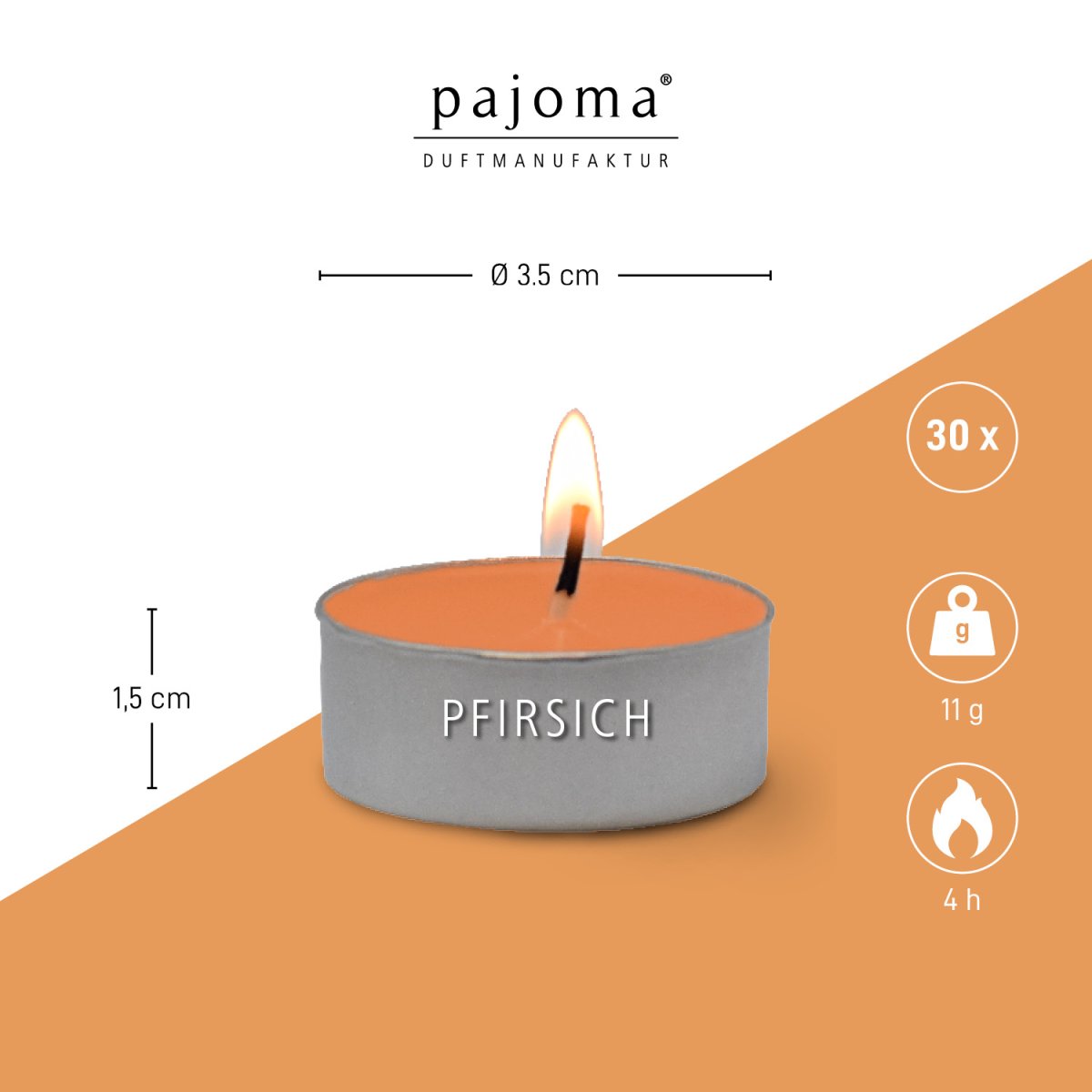 pajoma® Teelichte 30 Stück, Pfirsich | Duft-Teelichte in Aluminiumhülle, Brenndauer ca. 4 Stunden – Höhe 1,5 cm ø 3,5 cm | Premium Qualität | Deko, Gastronomie, Outdoor, Party, Windgläser, Hochzeit – Bild 4