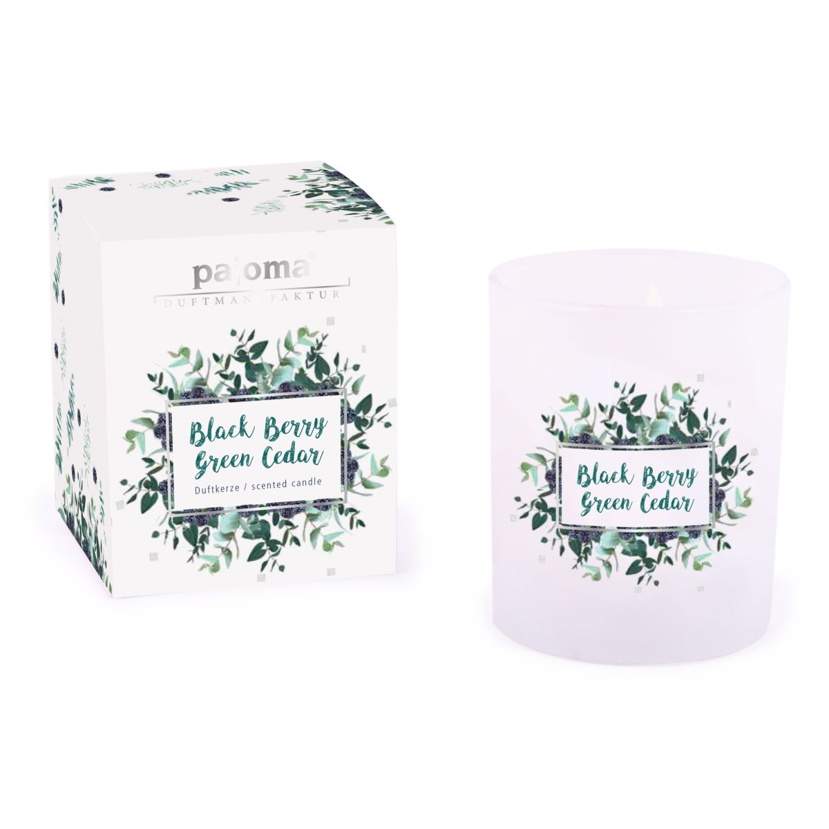 pajoma® Duftkerze, Black Berry Green Cedar – im weißen Glas | 80g Wachsgewicht, Brenndauer: 20 Stunden, in edler Geschenkverpackung | Springtime Edition – Bild 2