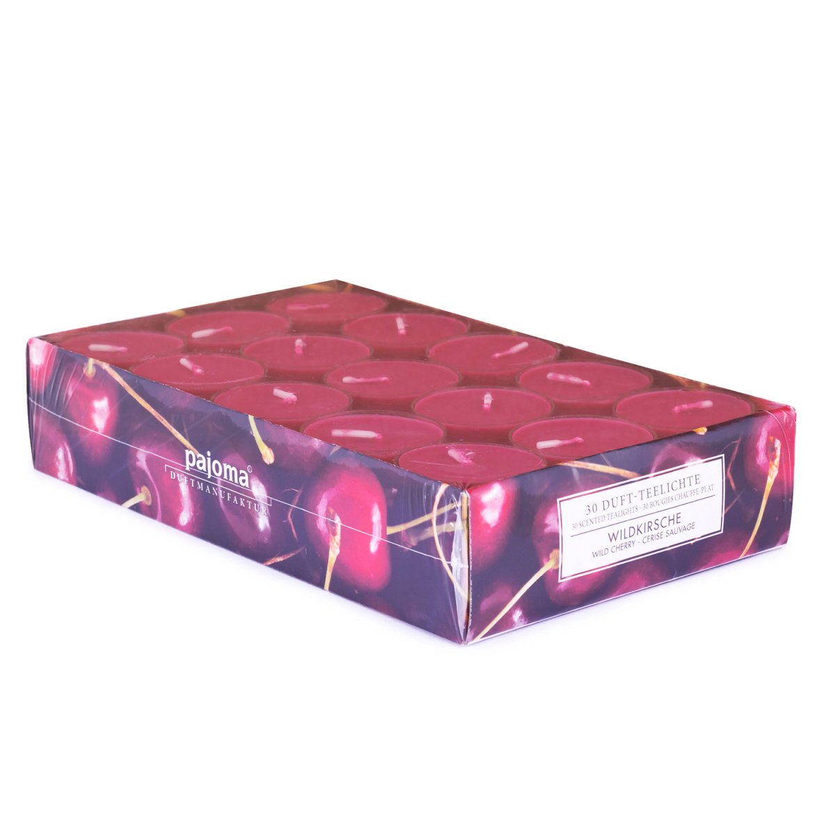 pajoma® Teelichte 30 Stück, Wildkirsche | Duft-Teelichte in Polycarbonathülle, Brenndauer ca. 4 Stunden – Höhe 1,5 cm ø 3,5 cm | Premium Qualität | Deko, Gastronomie, Outdoor, Windgläser, Hochzeit