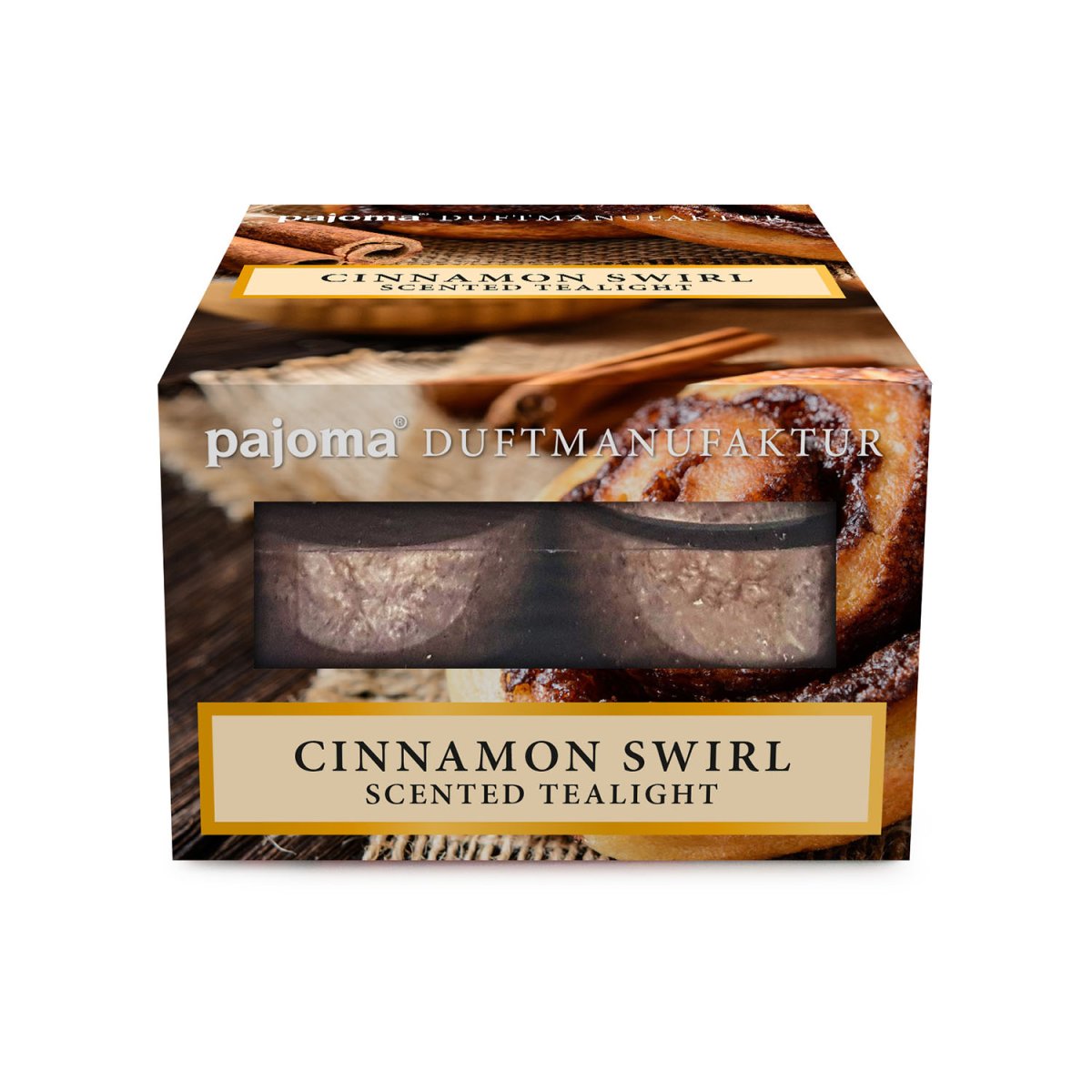 pajoma Teelichter Duftkerzen, Cinnamon Swirl, 12er Pack in Polycarbonat Hülle