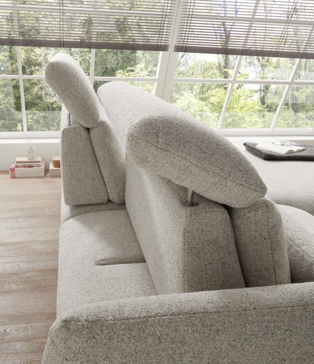 Ecksofa EM Lamego – Rückenlehne, Kopfteil und Armteil verstellbar, Stoff, Beige – Bild 7