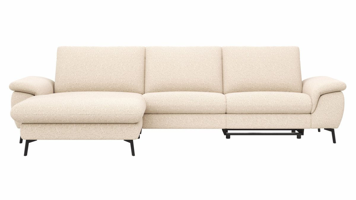 Ecksofa Gotera – Longchair groß mit 1,5-Sitzer med + 1,5-Sitzer med rechts inkl. Schlaffunktion (teilmotorisch), Armlehne klappbar, Rückenlehne verstellbar und einmal Relaxfunktion (teilmotorisch), Stoff, Creme